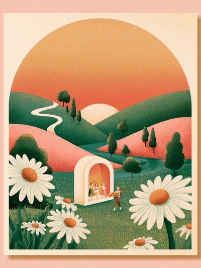 Sunset Meadow Illustration Poster. poster