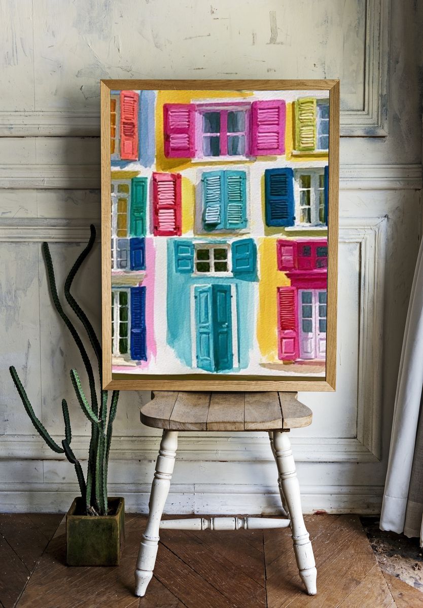 Colorful Shuttered Facades Illustration Poster. — room view 1