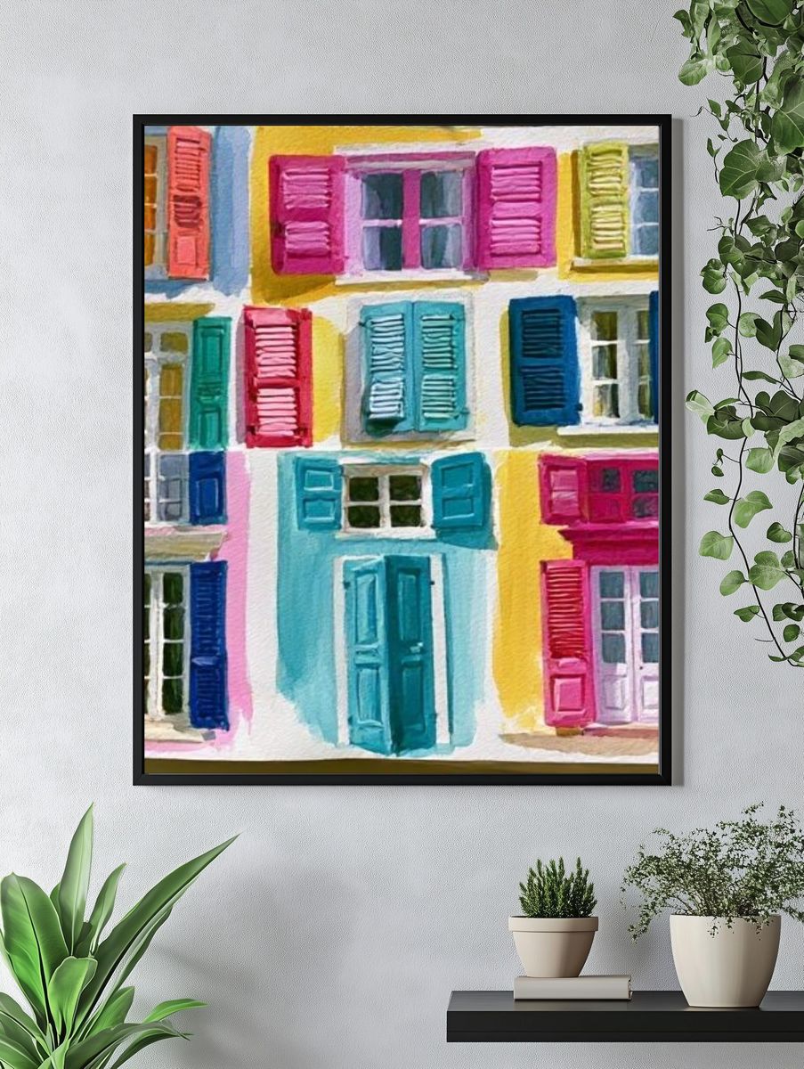 Colorful Shuttered Facades Illustration Poster. — room view 4