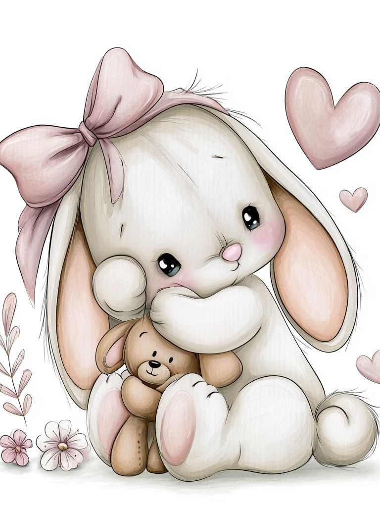 Cute Bunny with Teddy Illustration Poster. poster detail