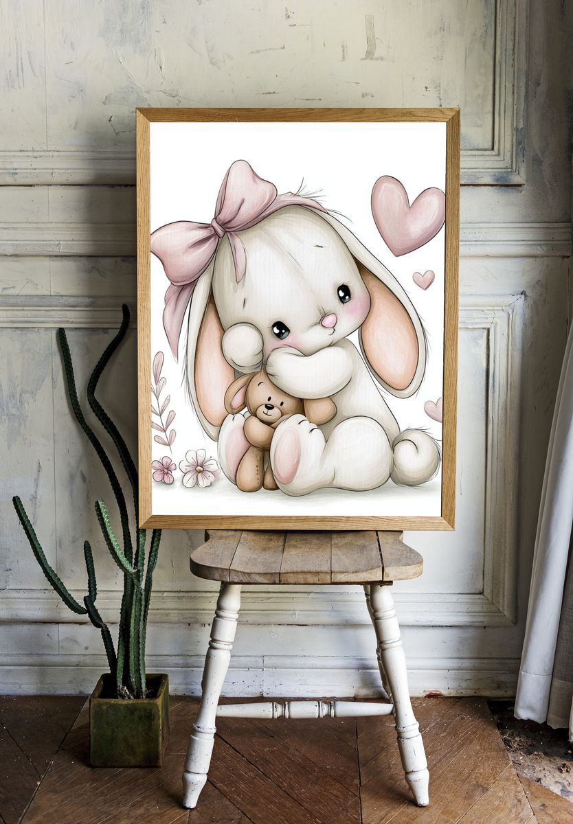Cute Bunny with Teddy Illustration Poster. — room view 1