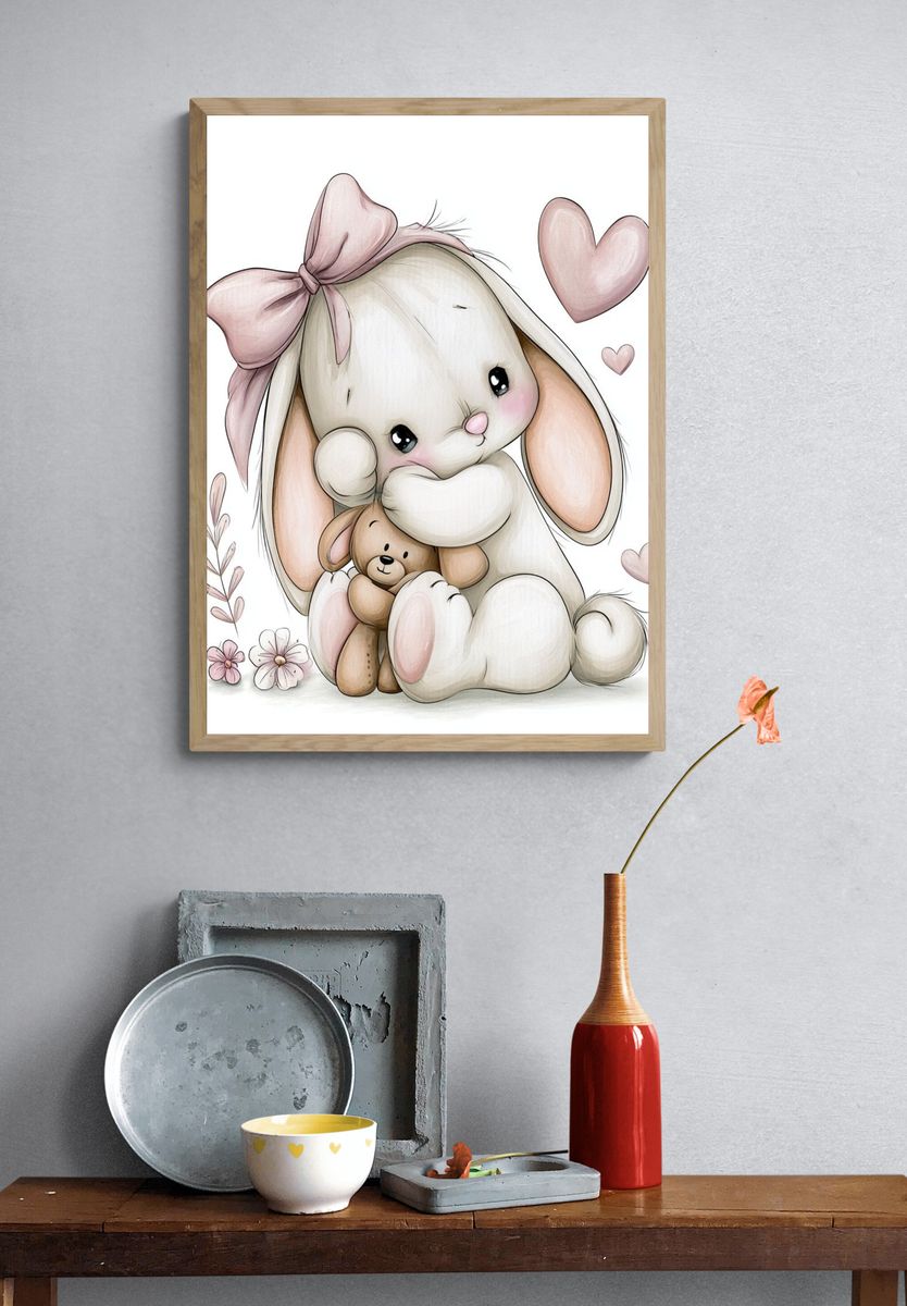 Cute Bunny with Teddy Illustration Poster. — room view 3