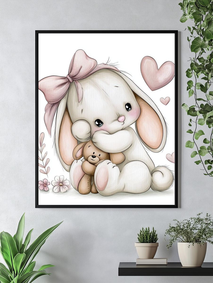 Cute Bunny with Teddy Illustration Poster. — room view 4