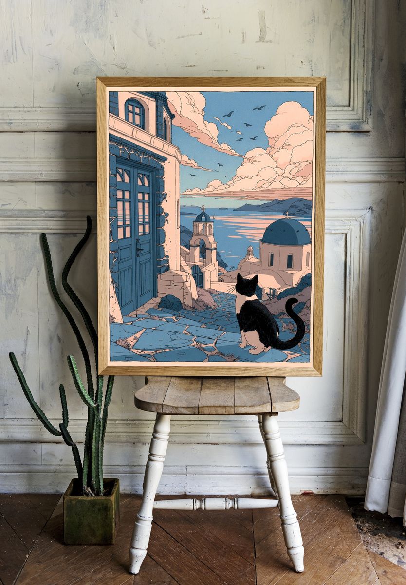 Cat Overlooking Santorini — Illustration Print. — room view 1