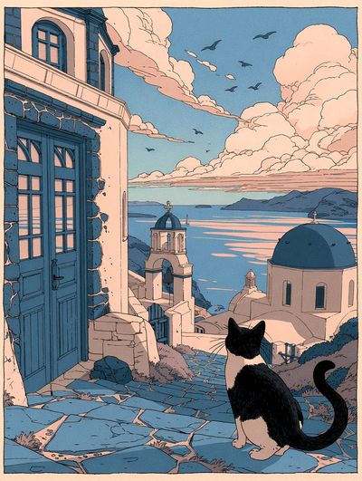 Cat Overlooking Santorini — Illustration Print. poster