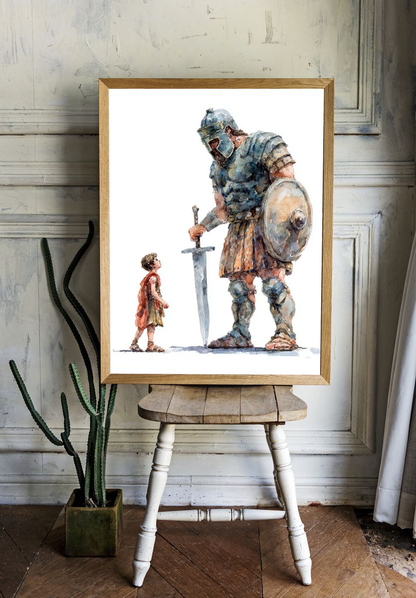 Giant and Child Watercolor Print. room preview