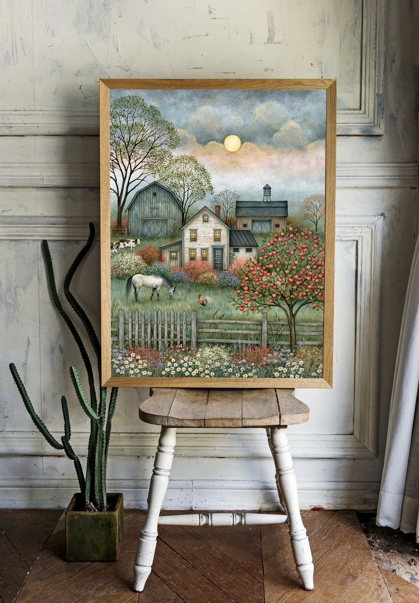 Pastoral Farmhouse Landscape Print. — room view 1