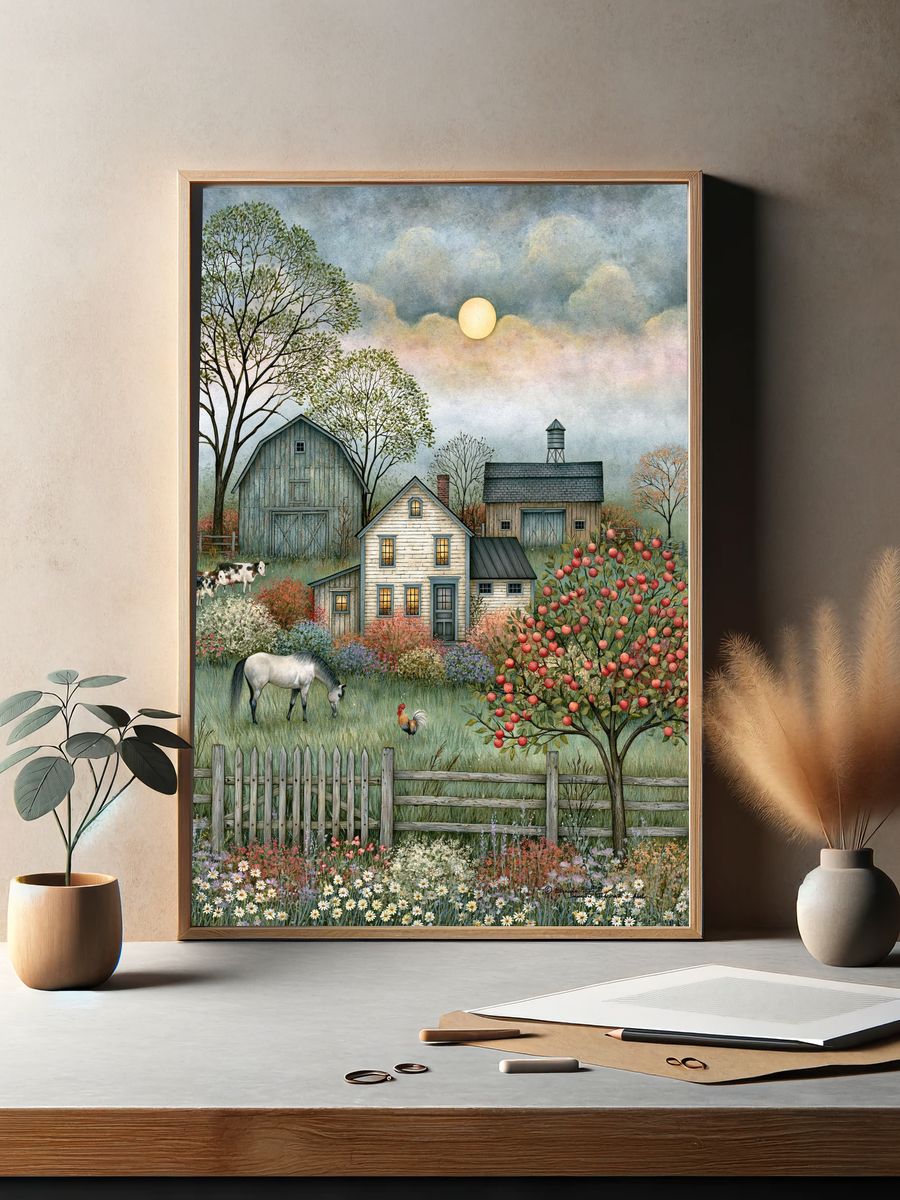 Pastoral Farmhouse Landscape Print. — room view 2