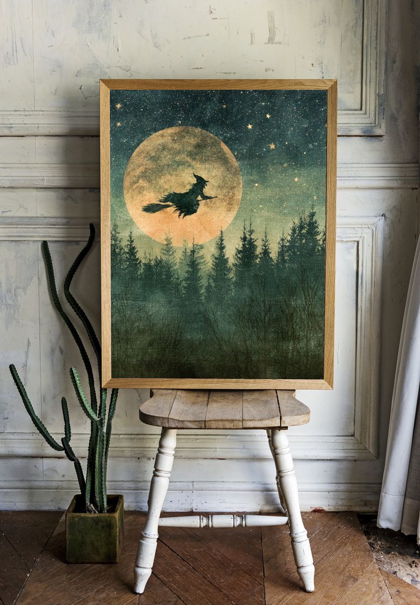 Witch Silhouette Moonlit Forest Poster. — room view 1