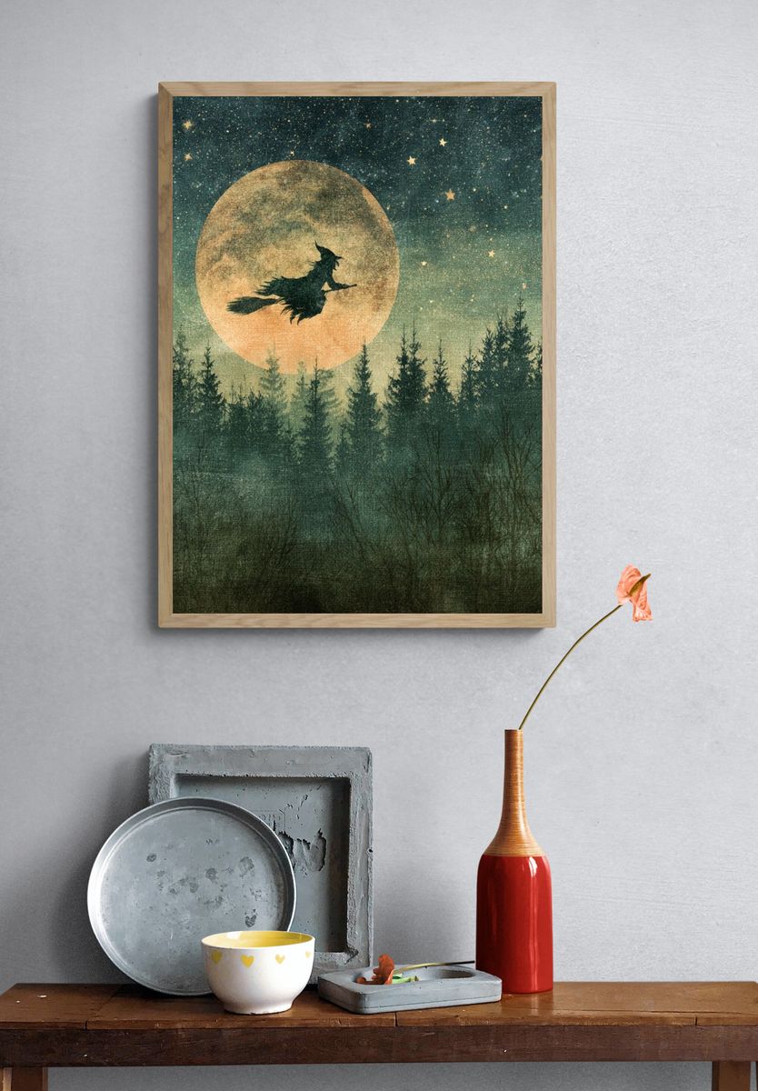 Witch Silhouette Moonlit Forest Poster. — room view 3