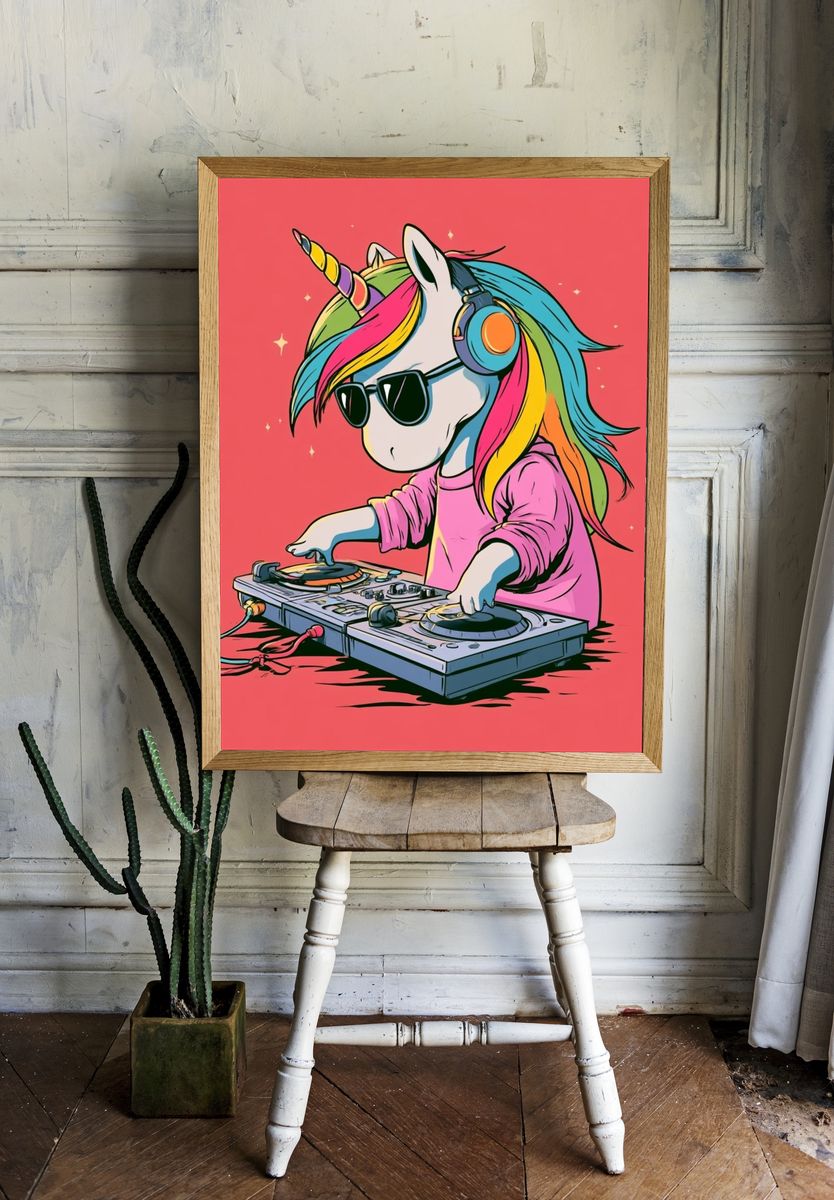 Unicorn DJ Illustration Poster. — room view 1