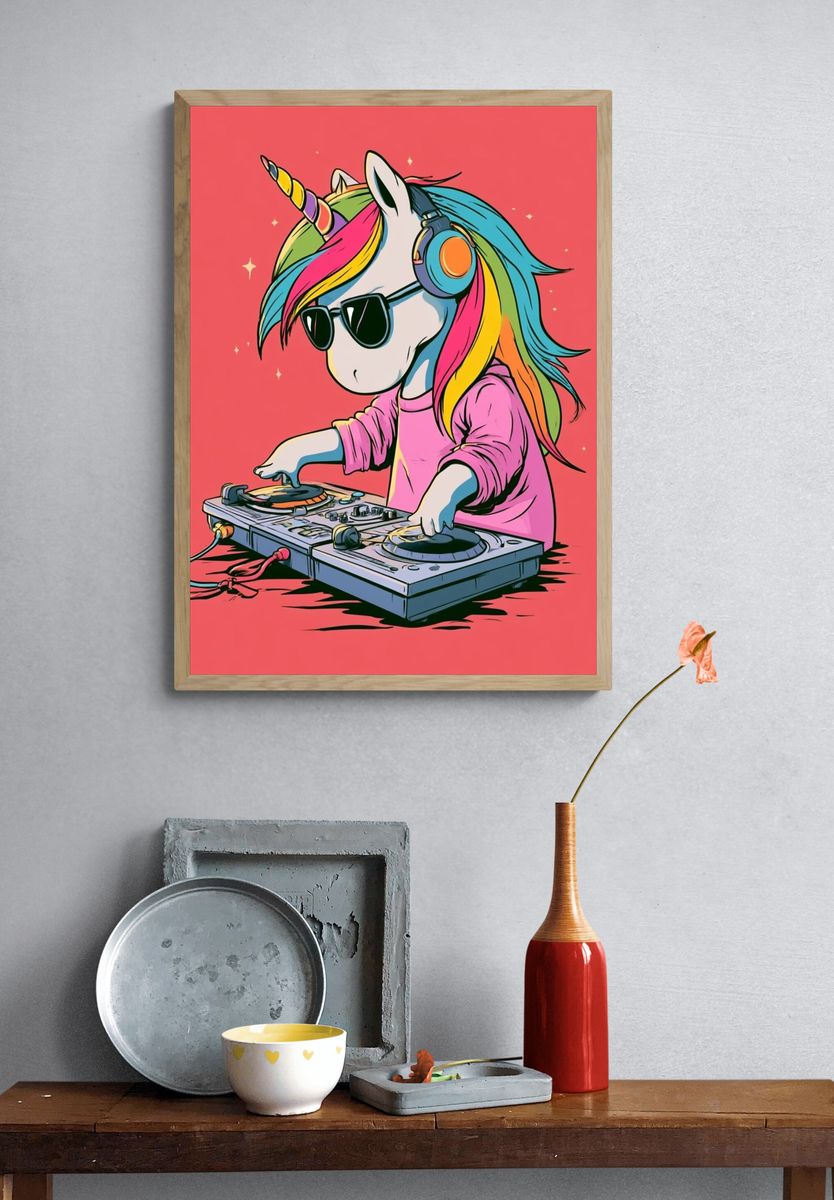 Unicorn DJ Illustration Poster. — room view 3