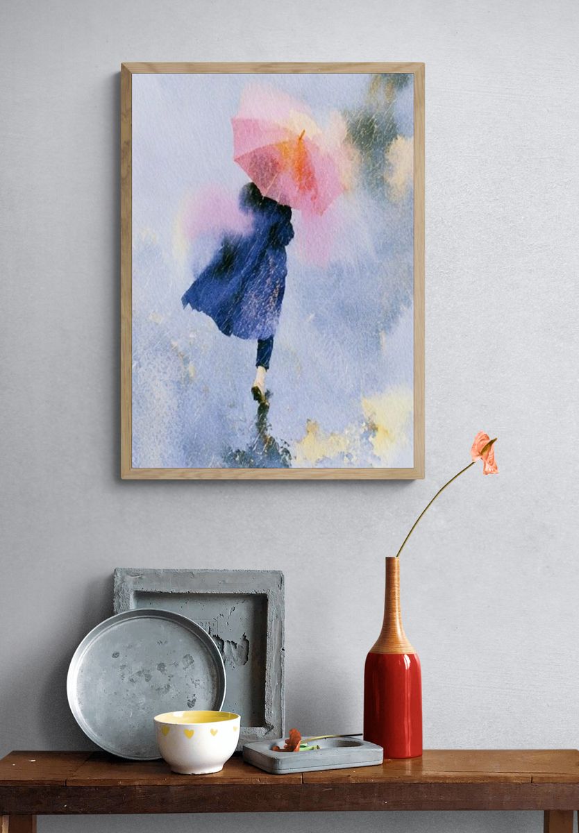 Umbrella Walk in Rainwater Illustration Poster. — room view 3