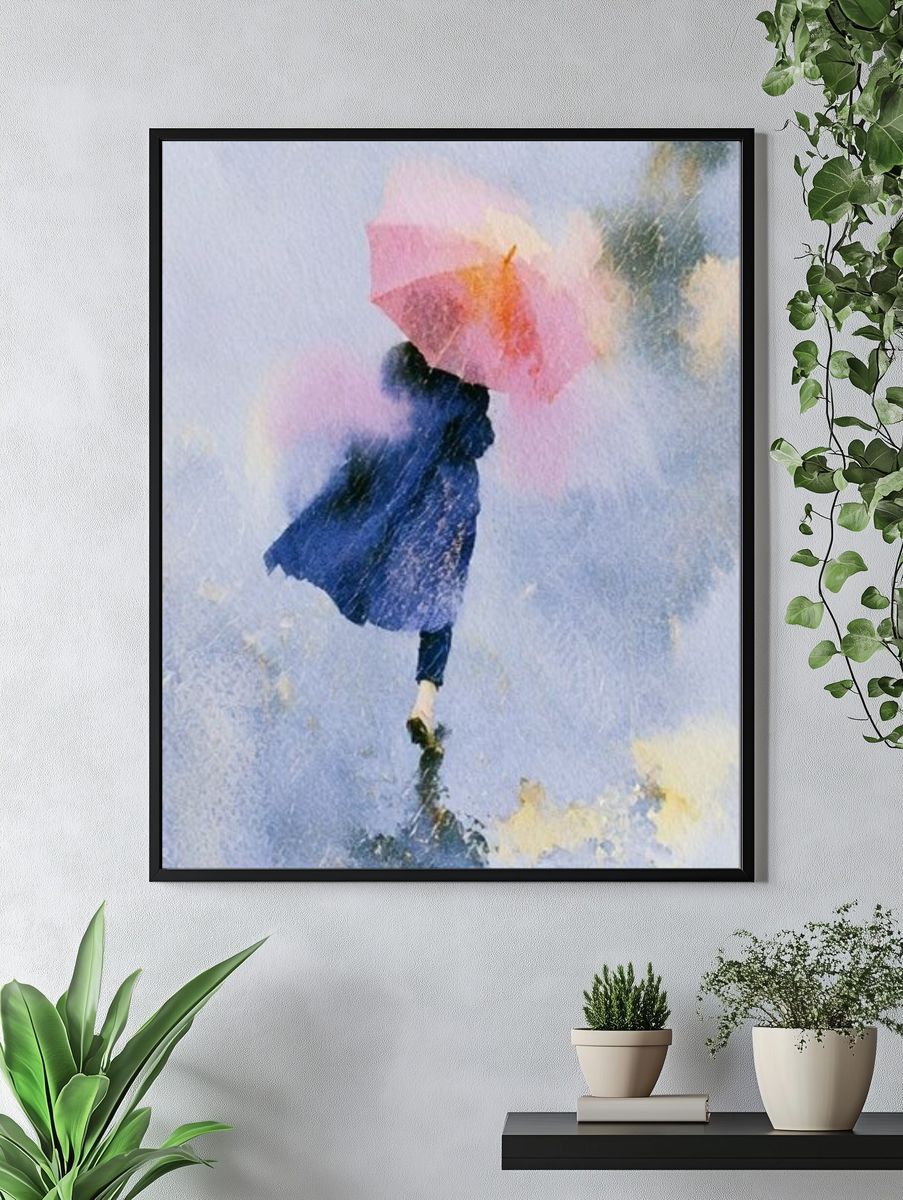 Umbrella Walk in Rainwater Illustration Poster. — room view 4