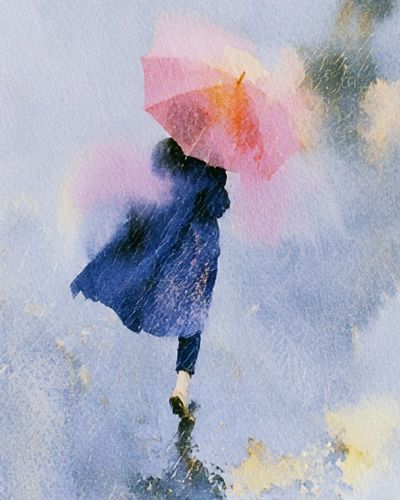 Umbrella Walk in Rainwater Illustration Poster.