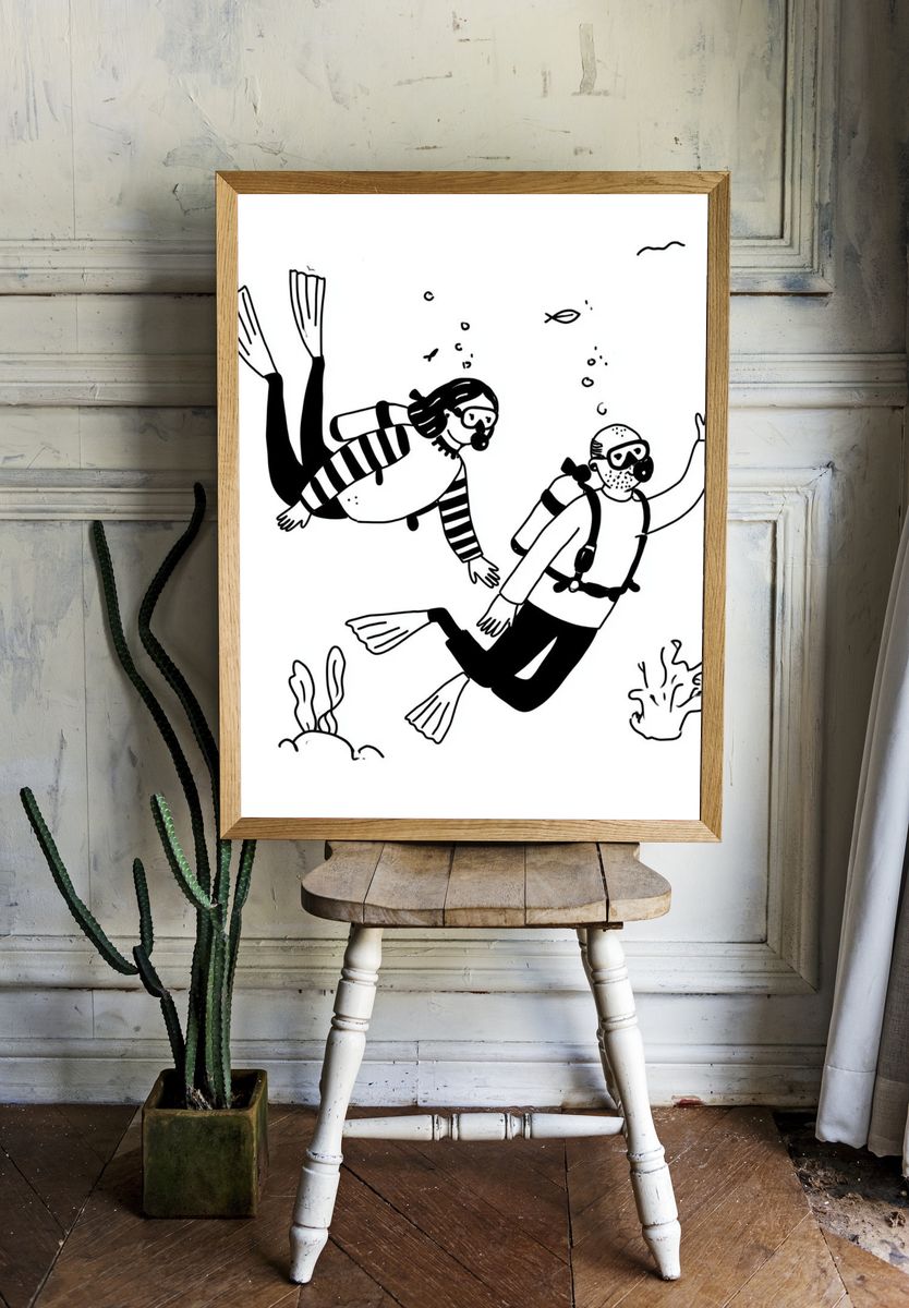 Scuba Divers Line Art Poster. — room view 1