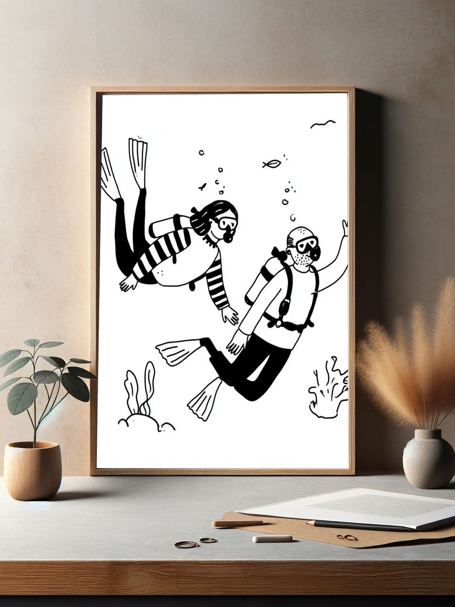 Scuba Divers Line Art Poster. — room view 2