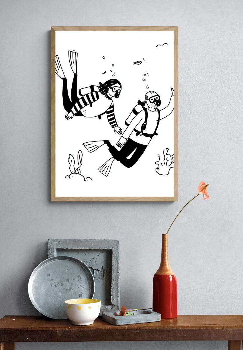 Scuba Divers Line Art Poster. — room view 3