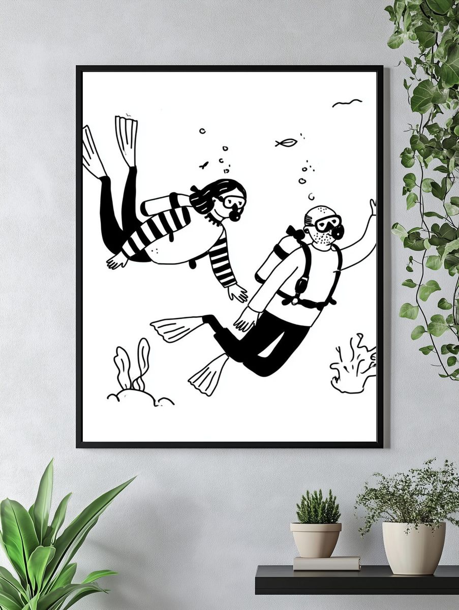 Scuba Divers Line Art Poster. — room view 4