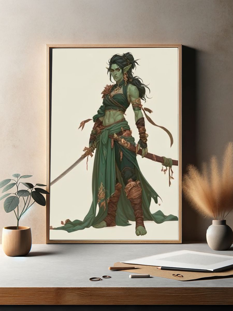 Green Fantasy Warrior Illustration Poster. — room view 2