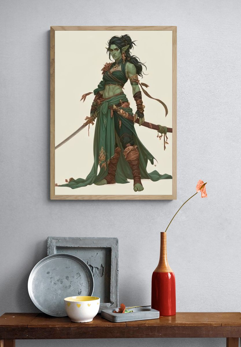 Green Fantasy Warrior Illustration Poster. — room view 3