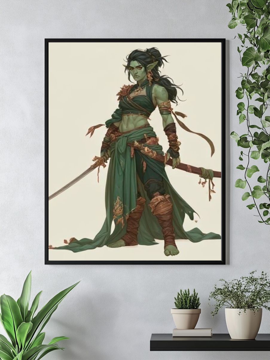 Green Fantasy Warrior Illustration Poster. — room view 4