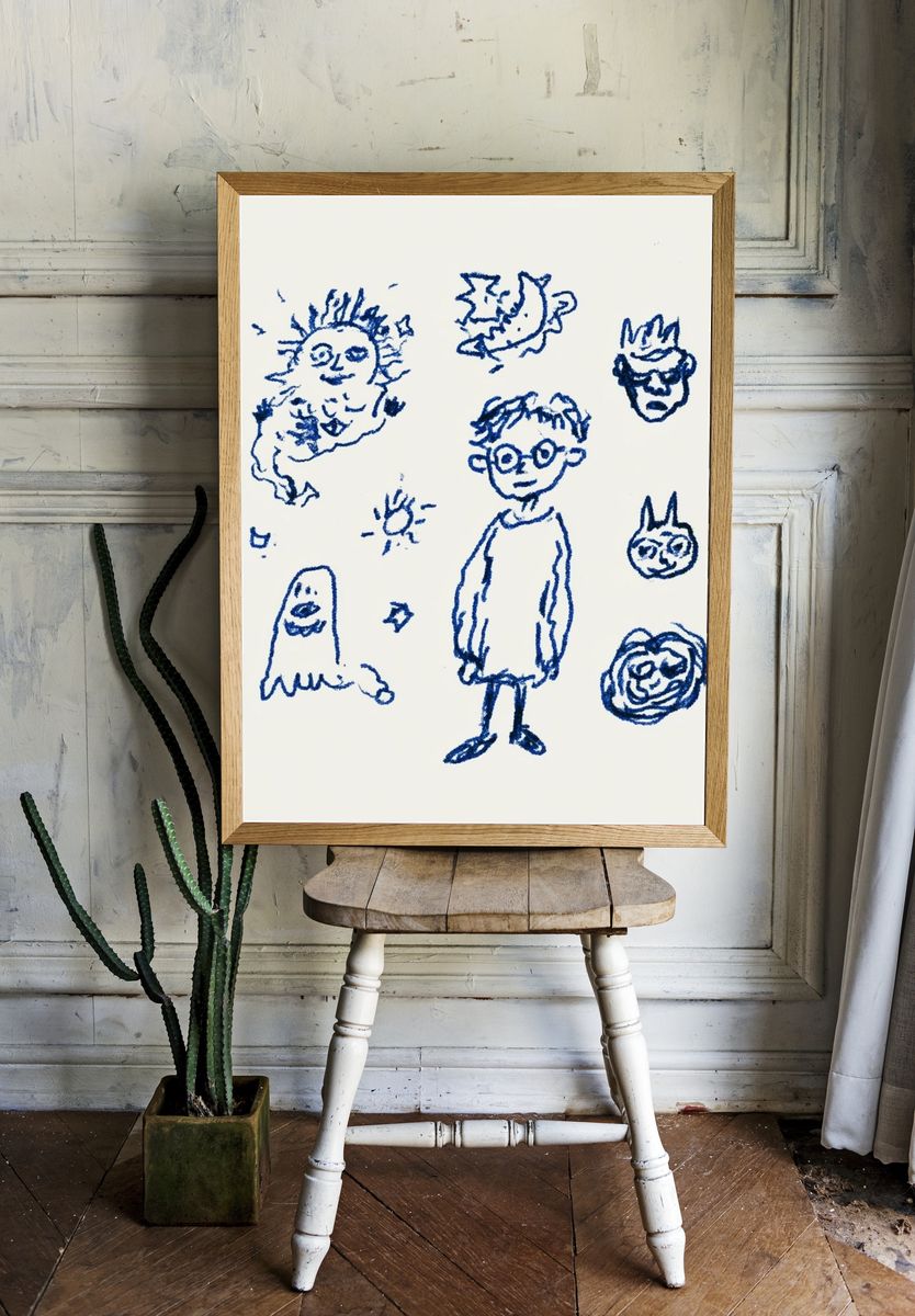 Blue Doodle Faces Illustration Print. — room view 1