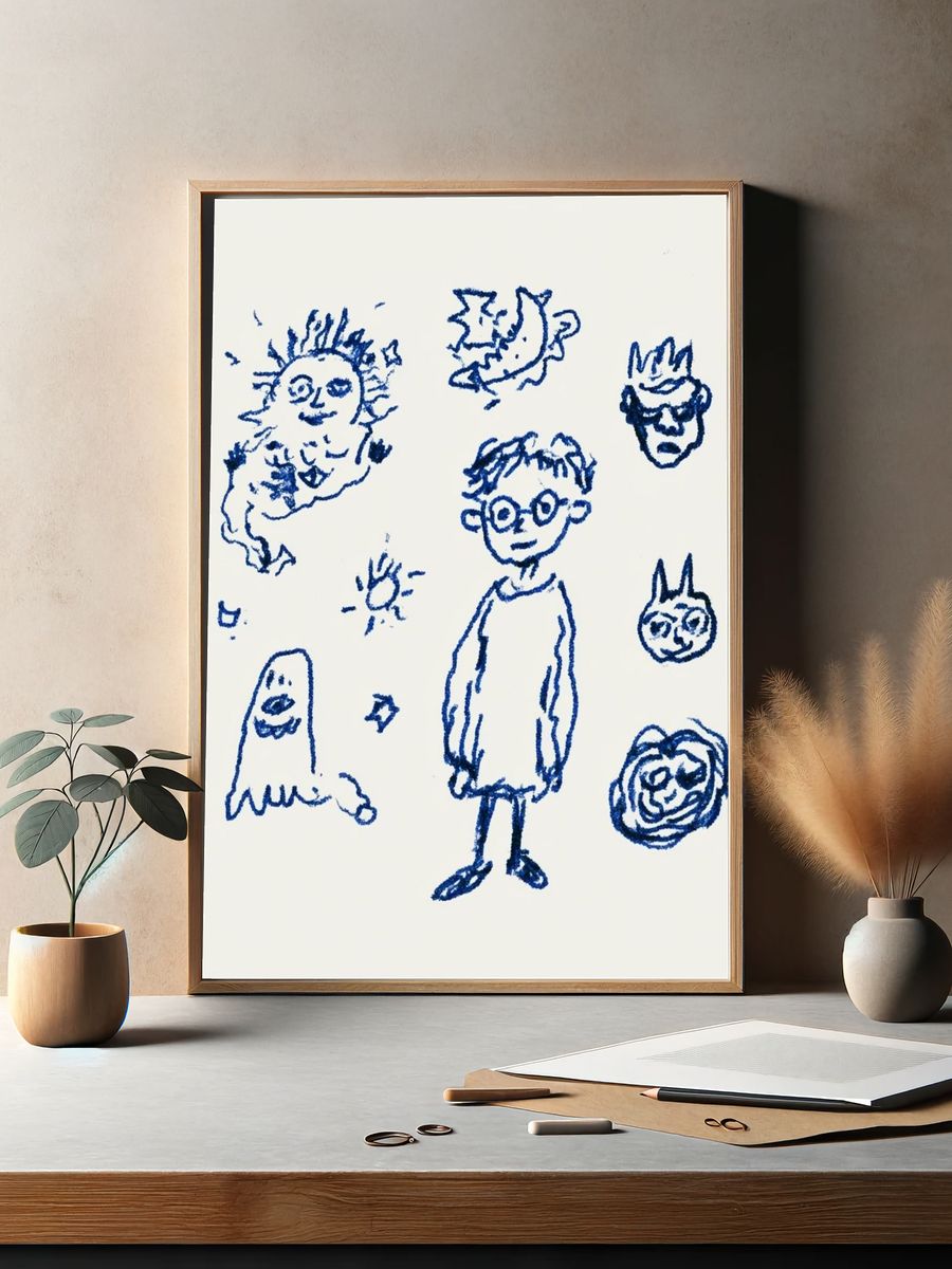 Blue Doodle Faces Illustration Print. — room view 2