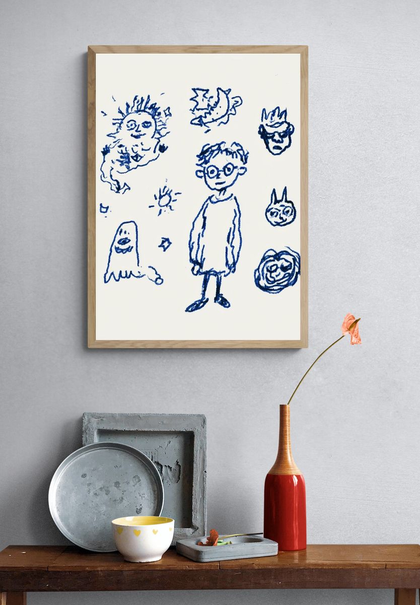 Blue Doodle Faces Illustration Print. — room view 3