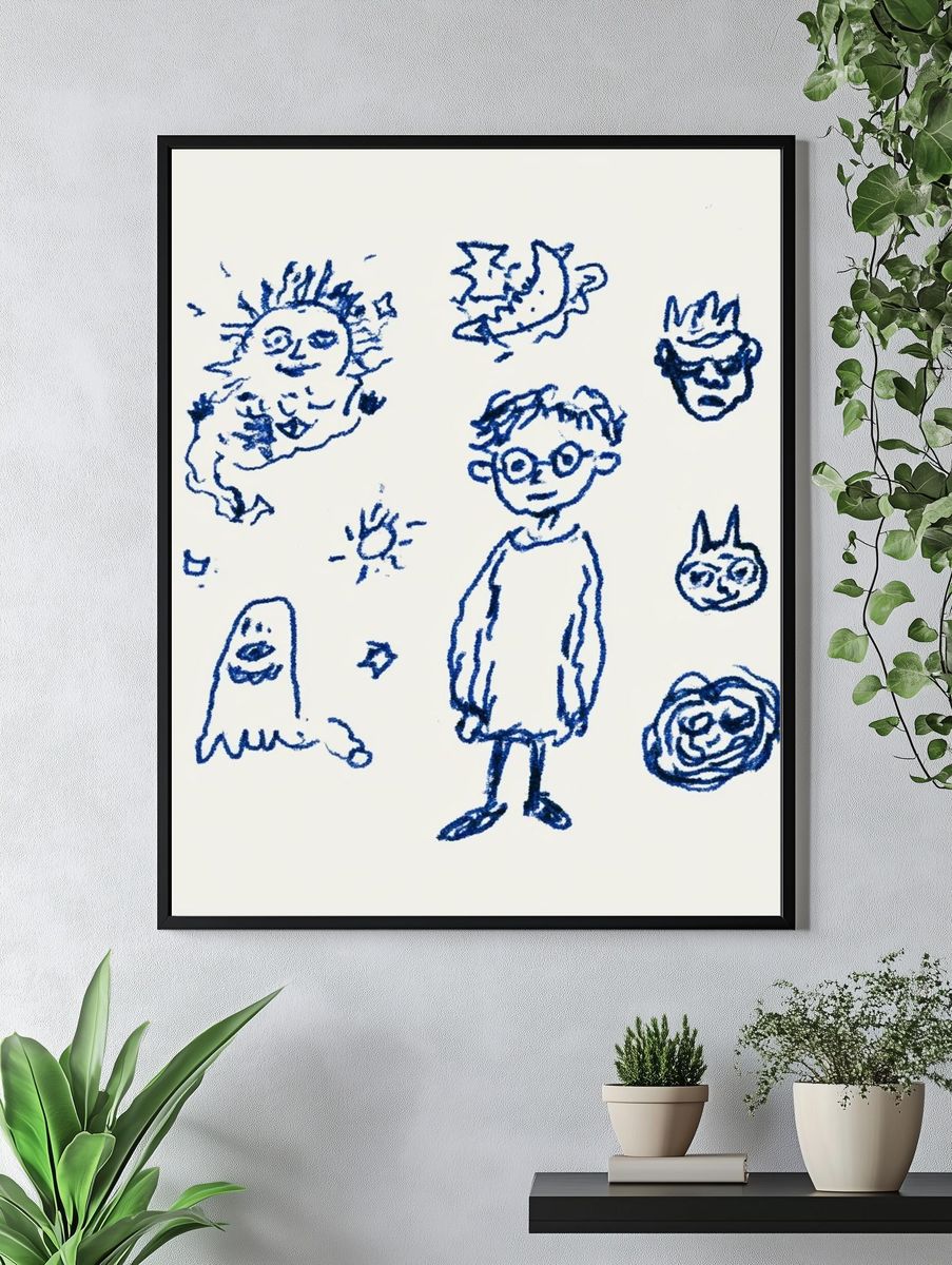 Blue Doodle Faces Illustration Print. — room view 4