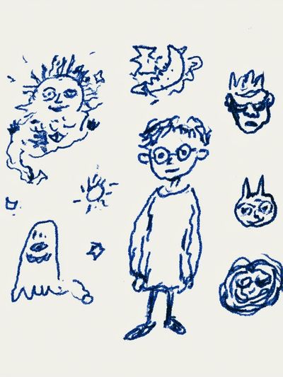 Blue Doodle Faces Illustration Print. poster