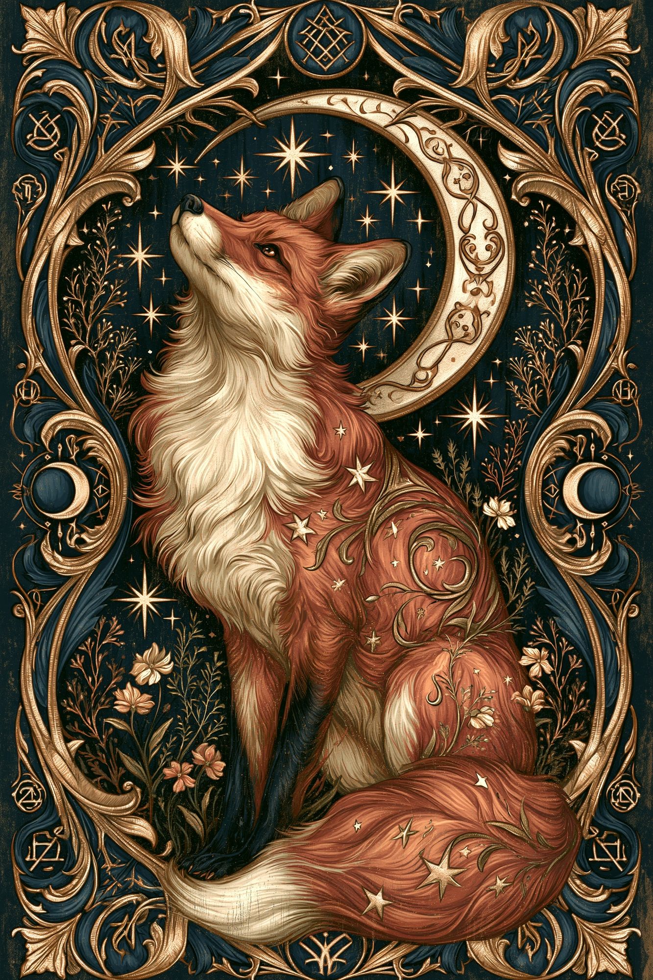 Celestial Fox Art Nouveau Poster. poster detail