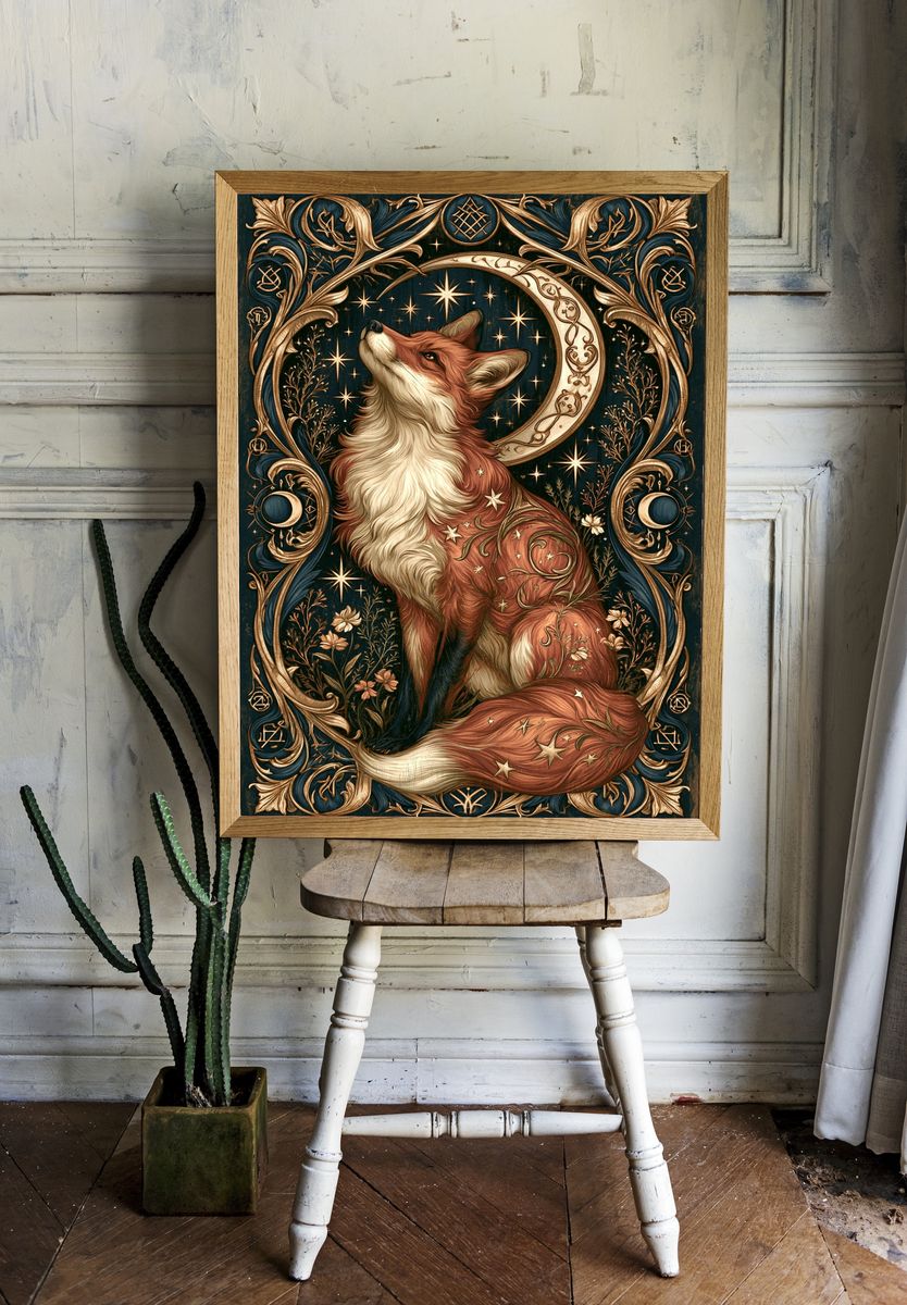 Celestial Fox Art Nouveau Poster. room preview