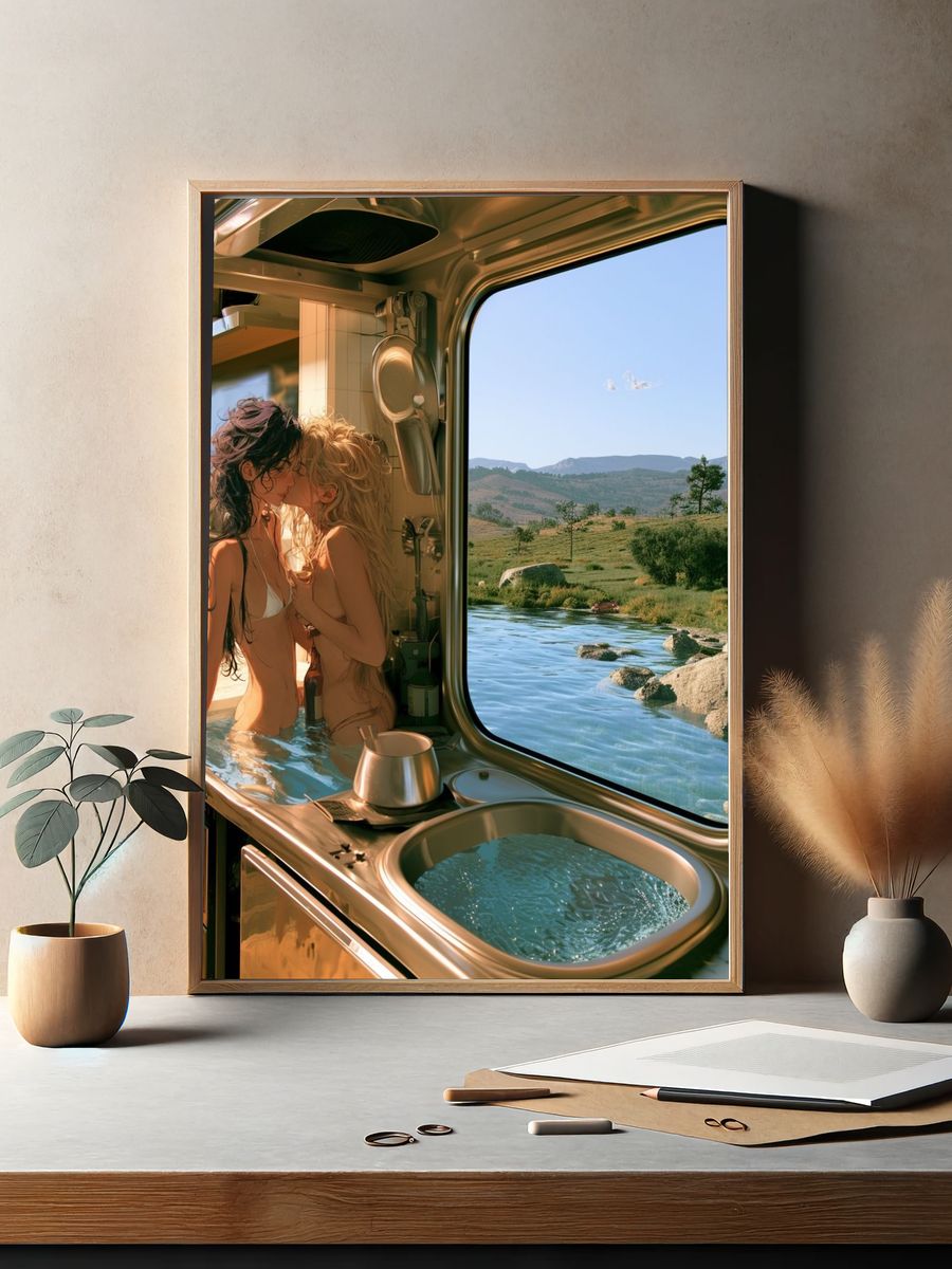 Dreamy Cabin Kiss Illustration Print. — room view 2