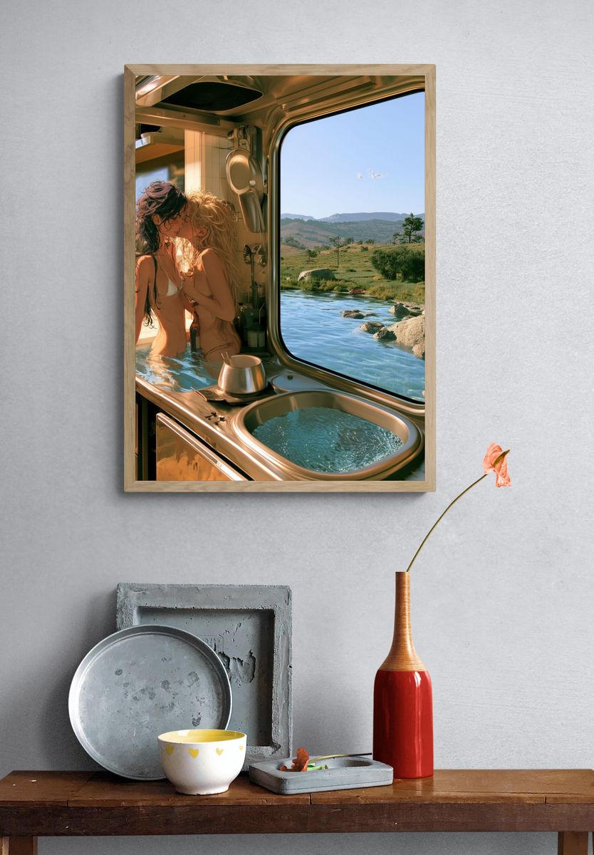 Dreamy Cabin Kiss Illustration Print. — room view 3