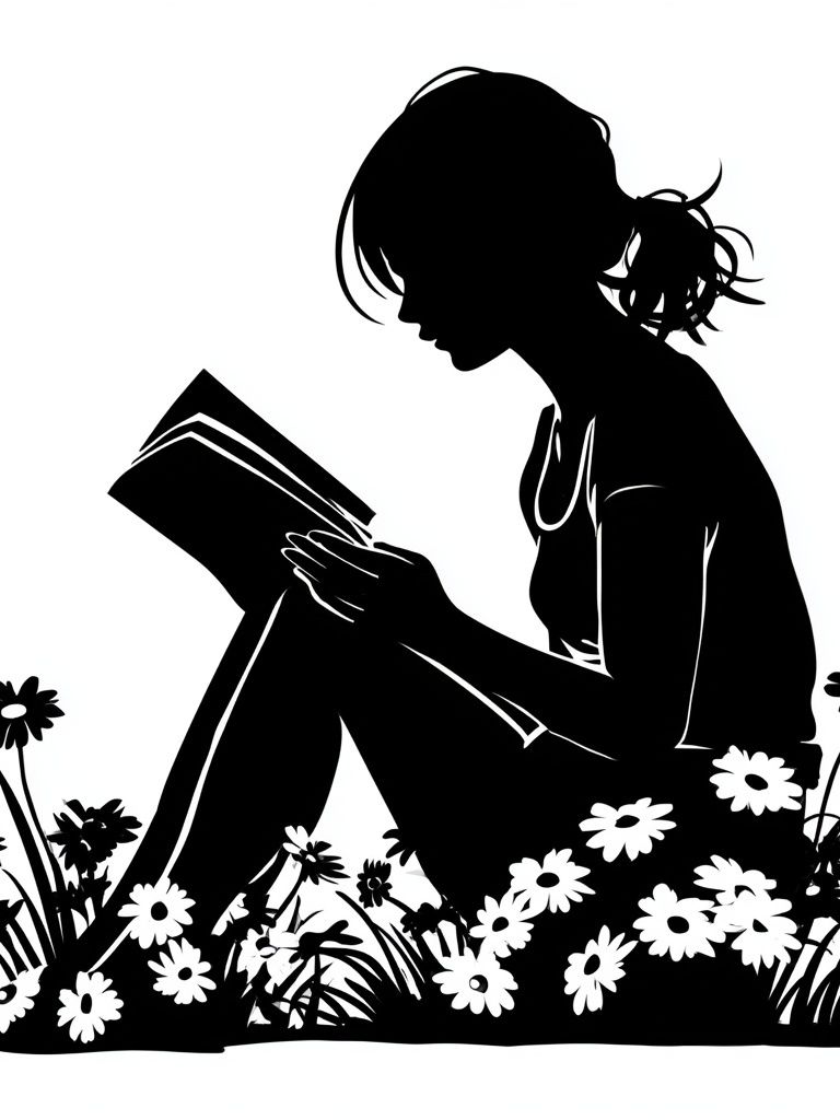 Girl Reading in Flowers Silhouette Poster. poster — illustration art