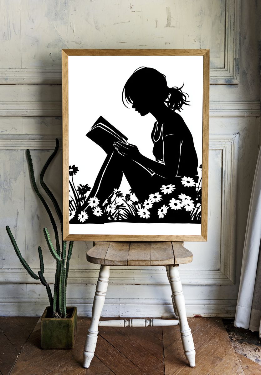 Girl Reading in Flowers Silhouette Poster. — room view 1