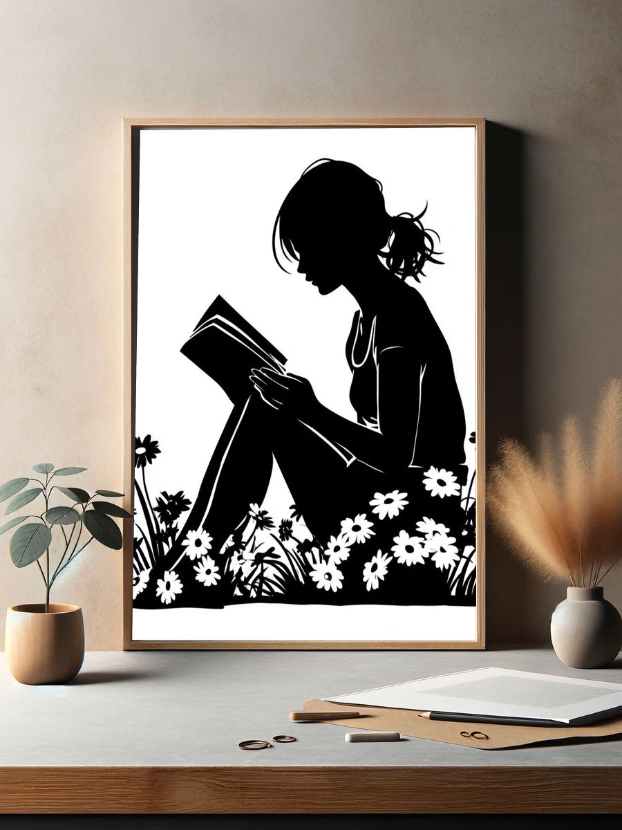 Girl Reading in Flowers Silhouette Poster. — room view 2