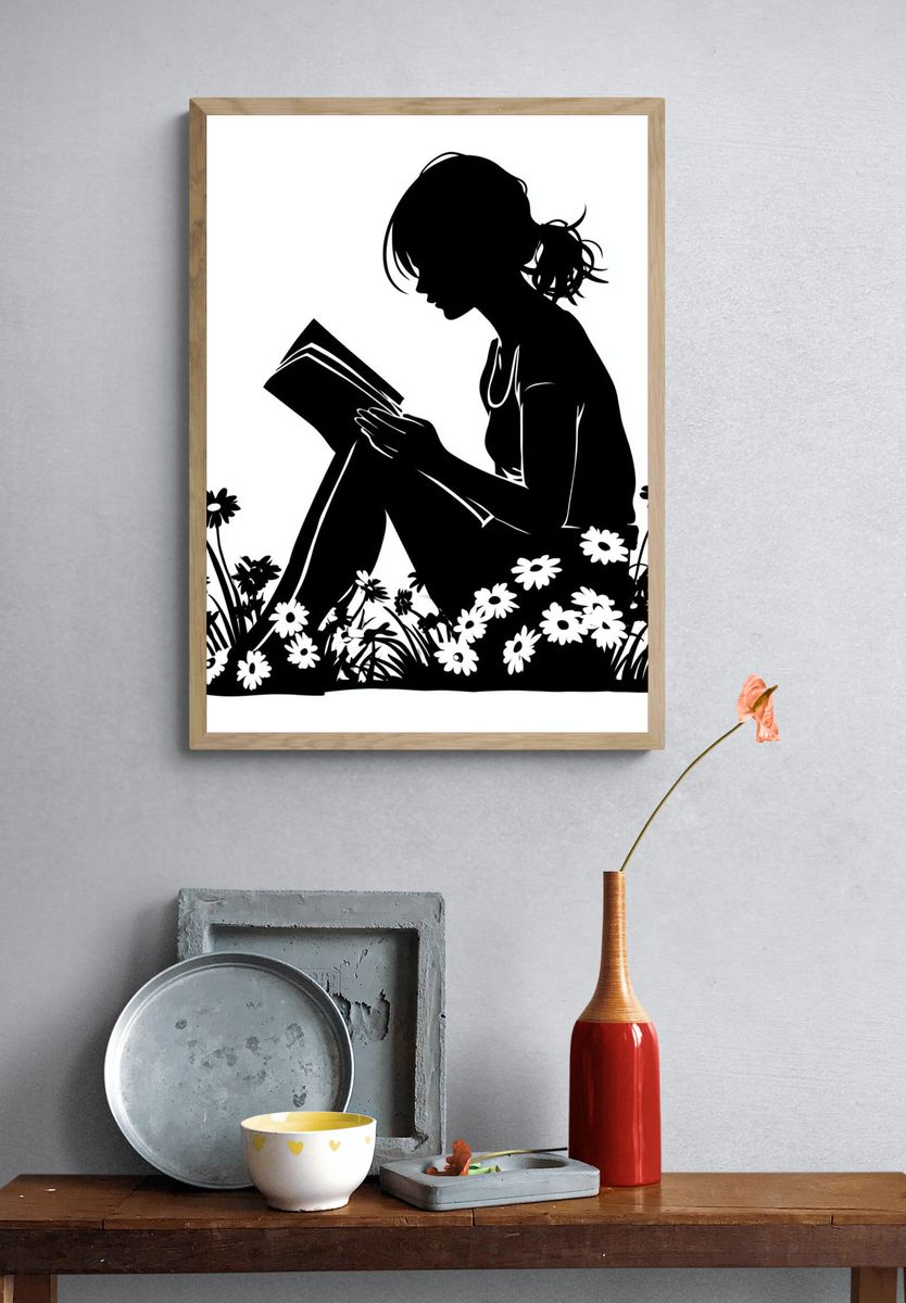 Girl Reading in Flowers Silhouette Poster. — room view 3