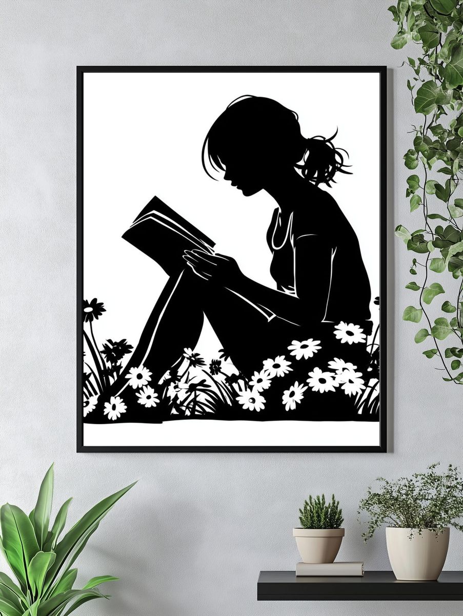 Girl Reading in Flowers Silhouette Poster. — room view 4