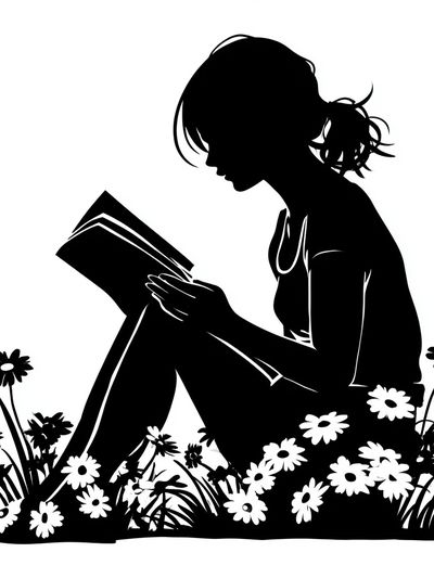 Girl Reading in Flowers Silhouette Poster. poster