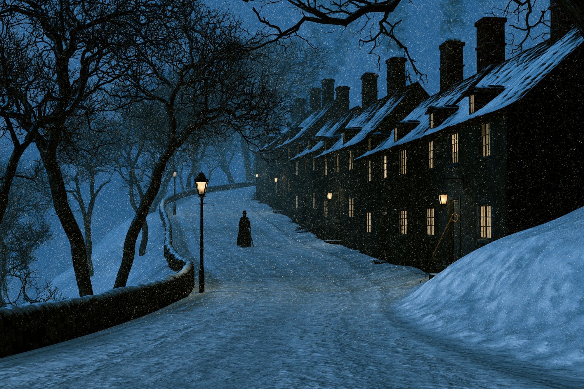 Snowy Night Village Illustration Poster. poster detail