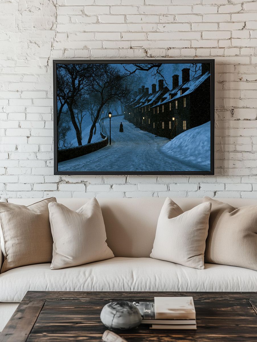 Snowy Night Village Illustration Poster. — room view 1