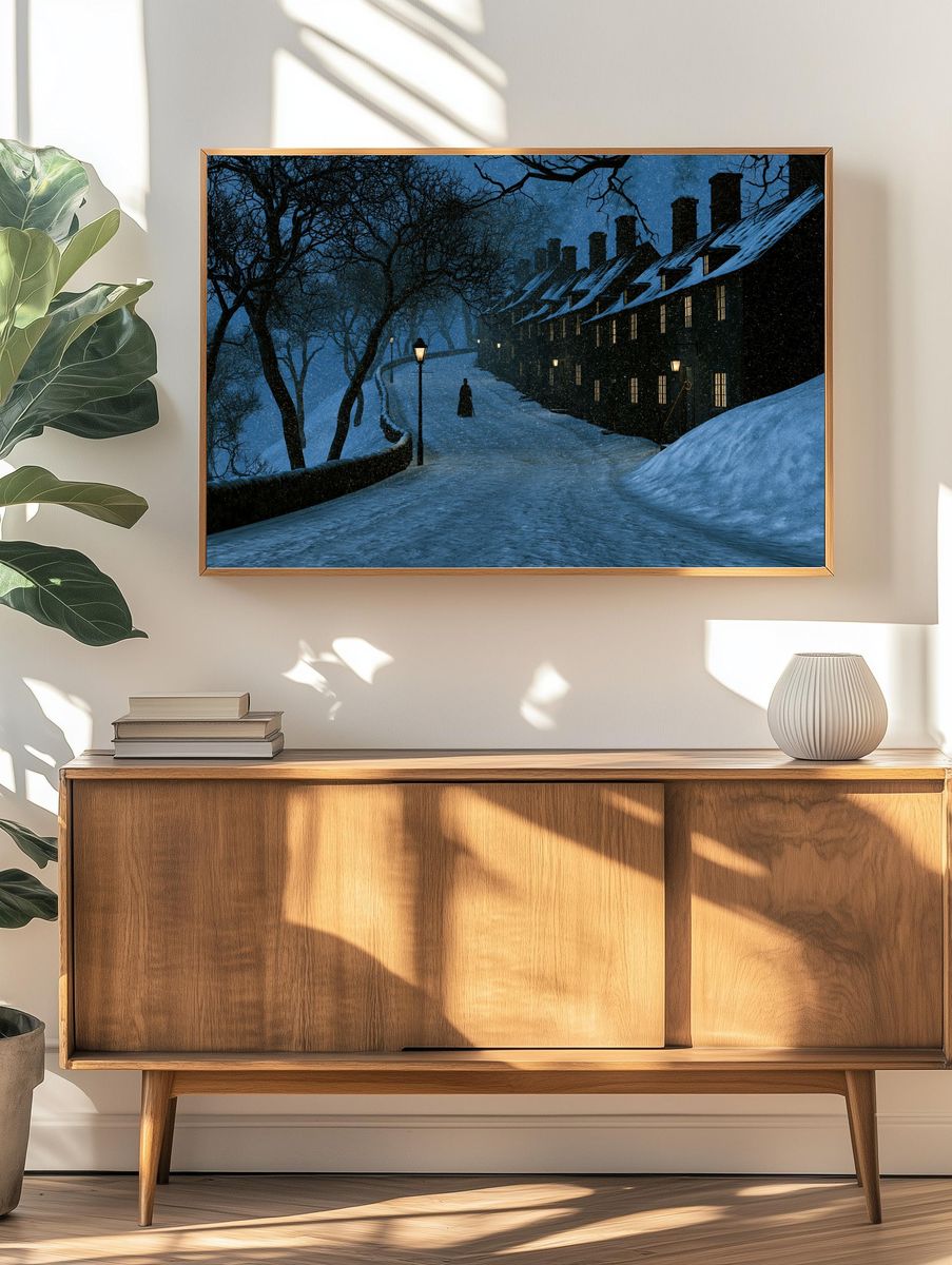 Snowy Night Village Illustration Poster. — room view 3