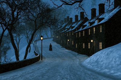 Snowy Night Village Illustration Poster.