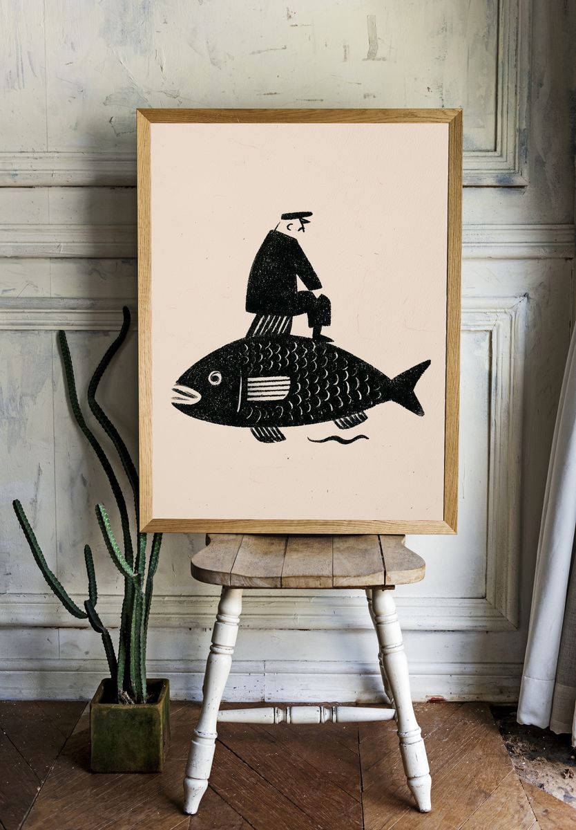 Fisherman on Fish Illustration Poster. — room view 1