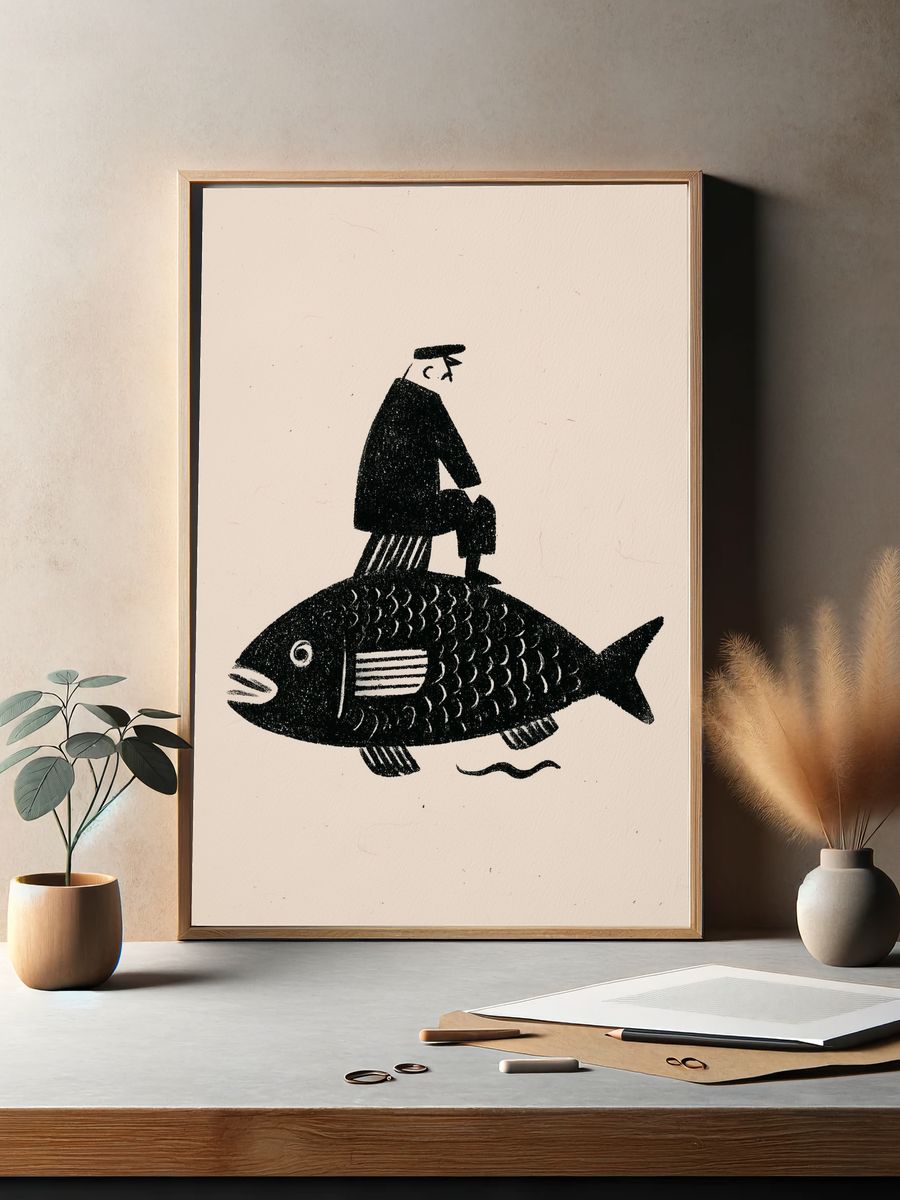 Fisherman on Fish Illustration Poster. — room view 2