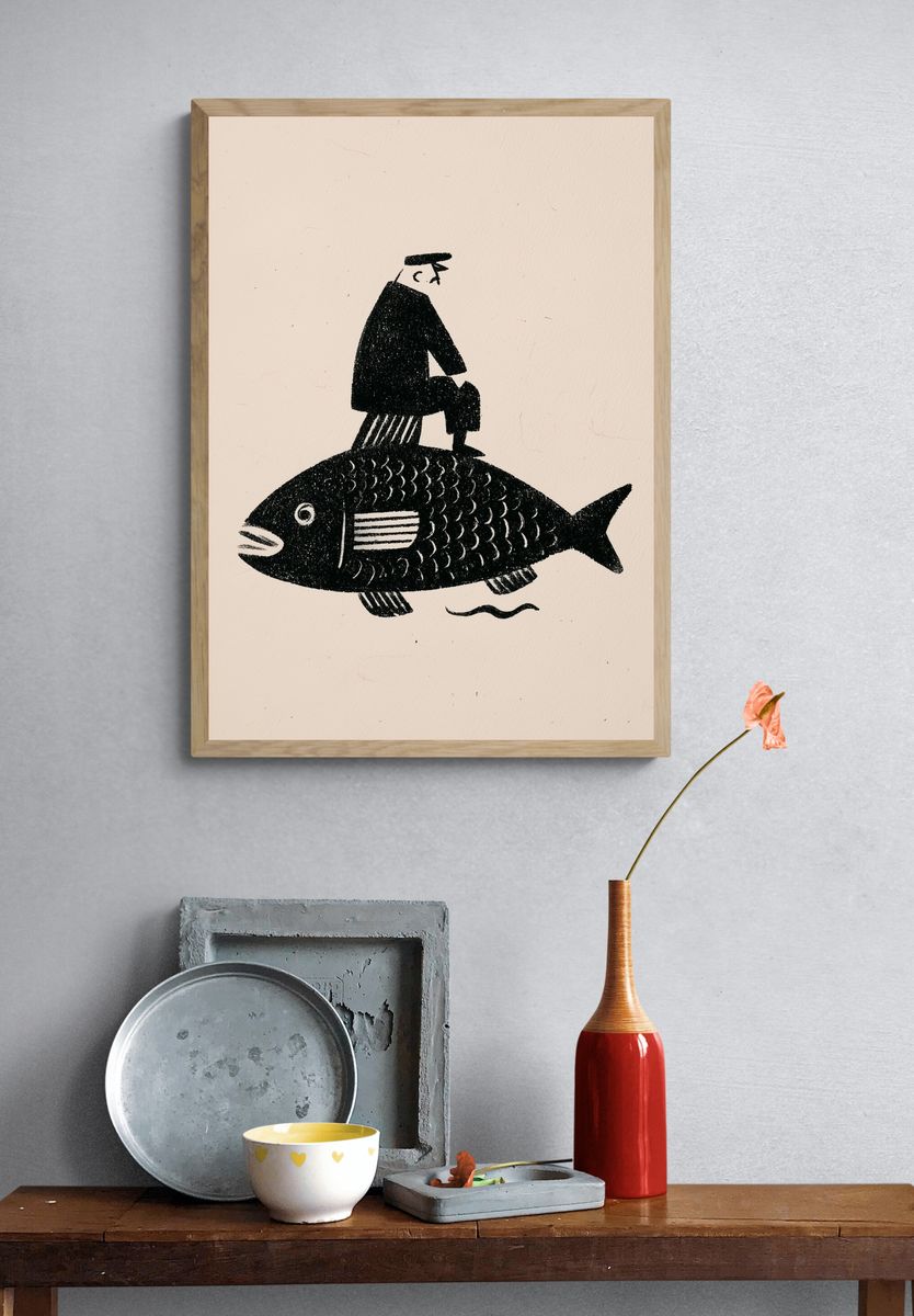 Fisherman on Fish Illustration Poster. — room view 3