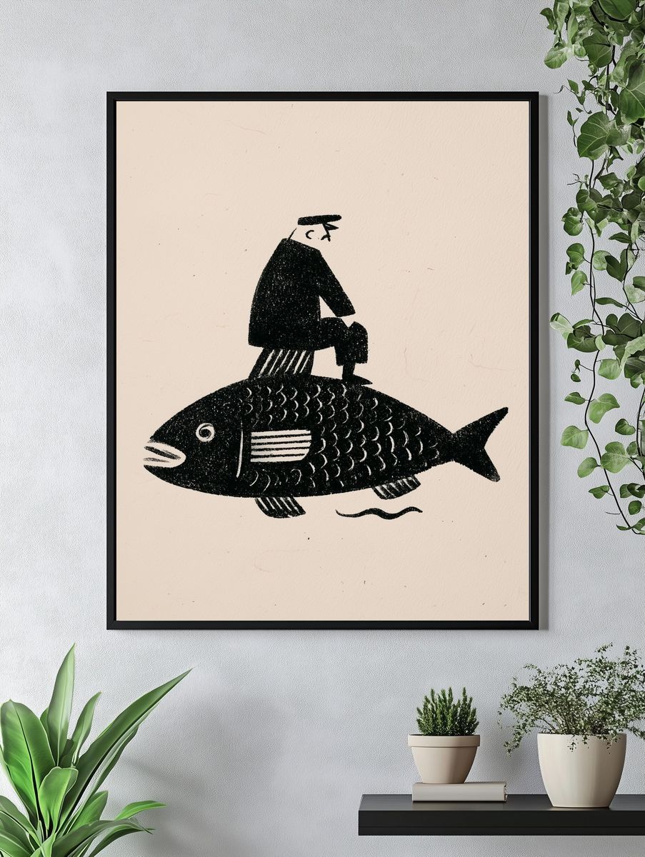Fisherman on Fish Illustration Poster. — room view 4