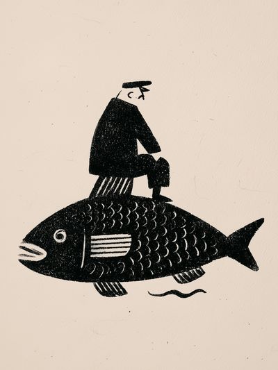 Fisherman on Fish Illustration Poster. poster